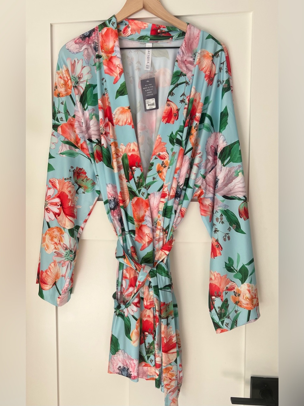 NWT Cacique Lane Bryant Floral Satin Kimono Robe 22/24 Aqua Coral Plus Size